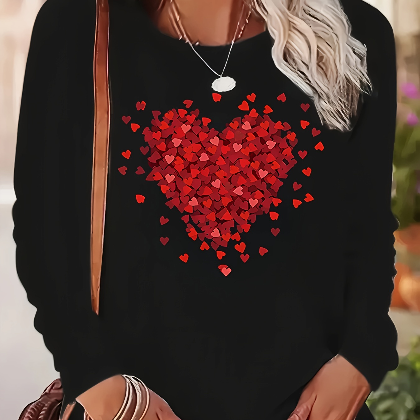 

Valentine's Charm | Women's Romantic Black Long Sleeve T-shirt With Red Heart - Soft, Breathable Polyester Blend, Crew Neck, Ideal For Casual Wear Or Valentine's Day Gift