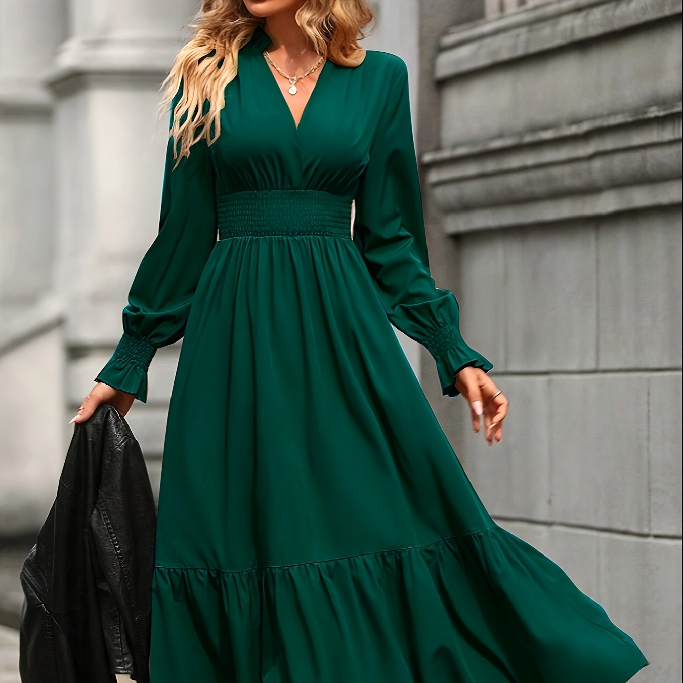 Flutter Sleeve Shirred Waist Dress Elegant Solid Crew Neck - Temu