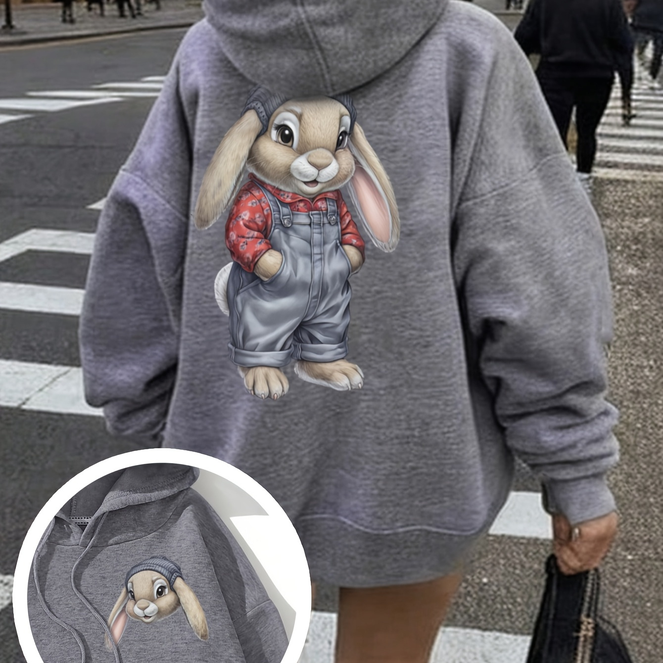 

Chic Rabbit Cartoon Print Hoodie For Women - Cozy Polyester, Casual Pullover With Kangaroo Pocket, Fall & Winter