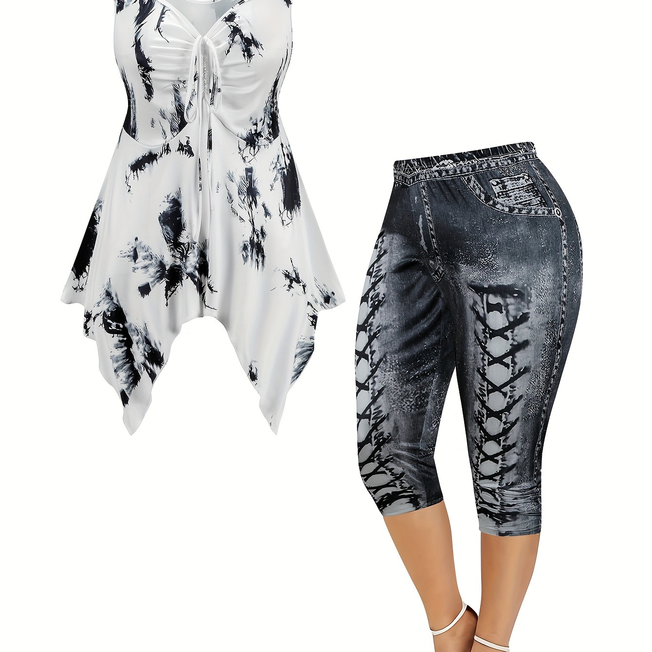 

Plus Size Tie Dye Print Two-piece Set, V Neck Tank Top & Capris Pants Outfits, Women's Plus Size clothing