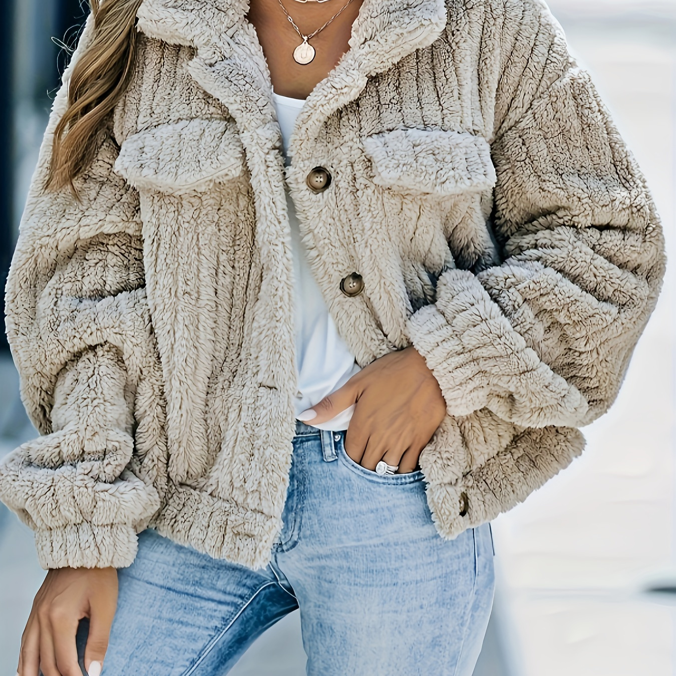 

Textured Button Fuzzy , Long Outerwear For Fall & , Women's Clothing