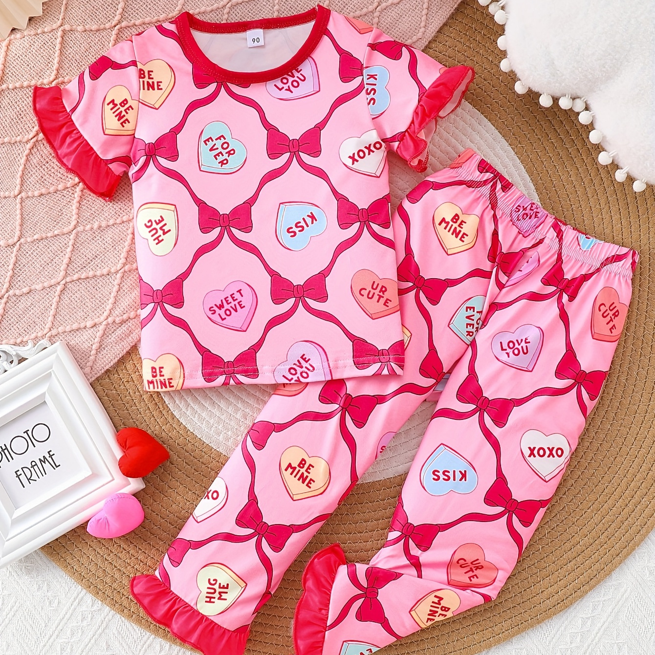 

Valentine's Day Outfit For Girls Featuring A And Heart Print, With Short Sleeves And Long Pants Made From Flame-retardant Fabric.