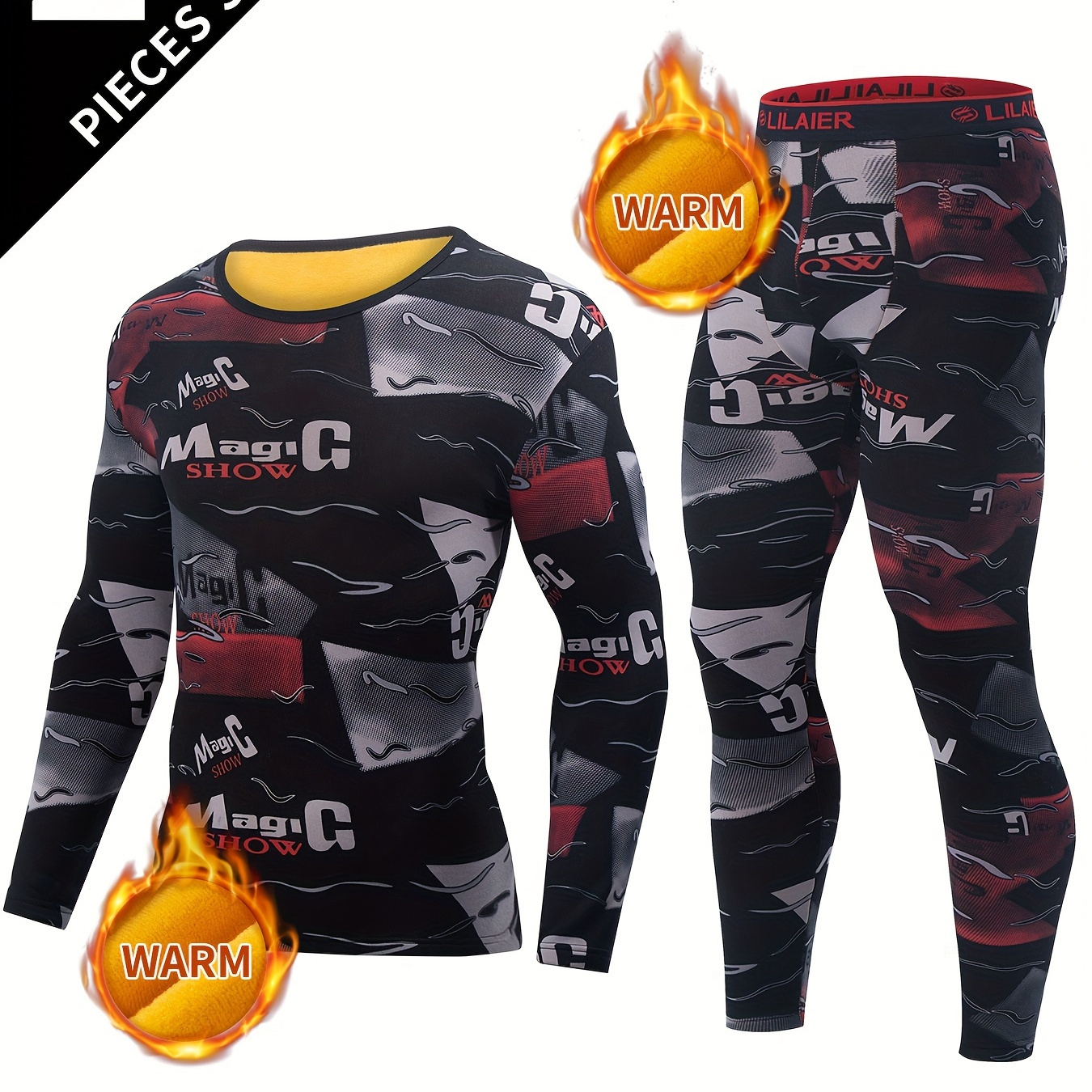 

2 Pcs Men's Vintage Letter Print Thermal Base Layer Set - Moisture-wicking & Breathable Basic Long Sleeve & Leggings - Perfect For Running And Fitness