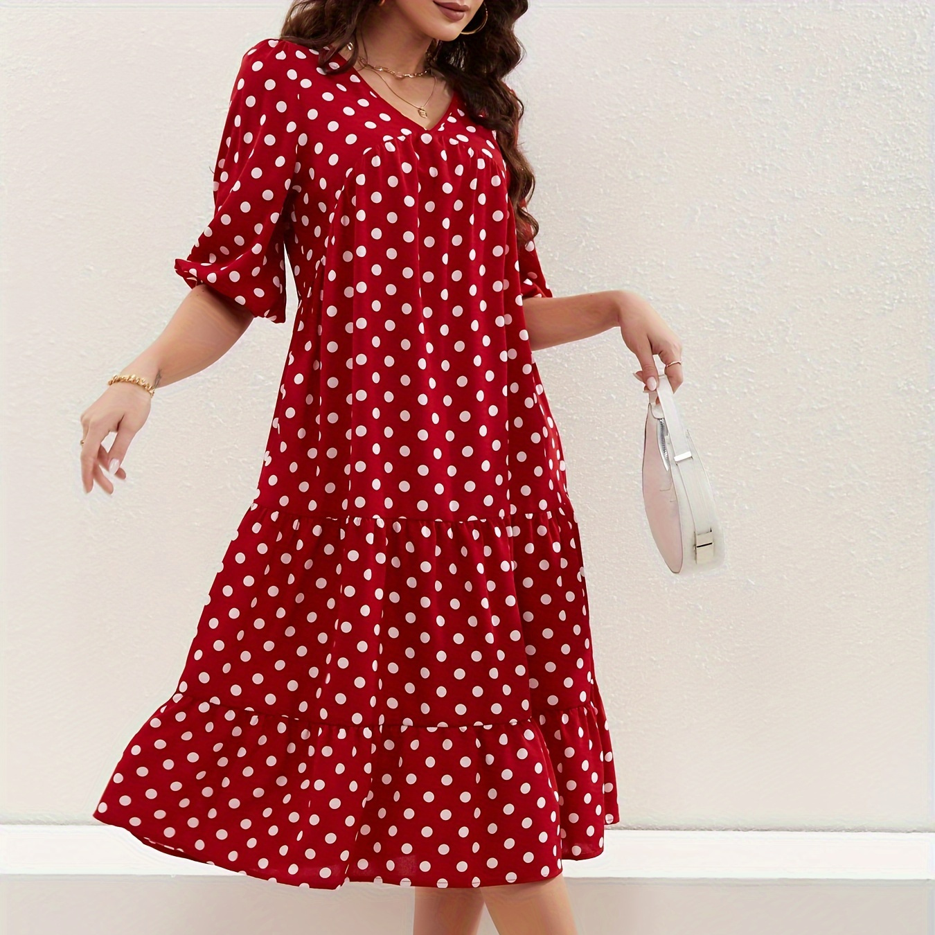 

Polka Dot Print Midi Dress, Casual V Neck Lantern Sleeve Dress, Women's Clothing