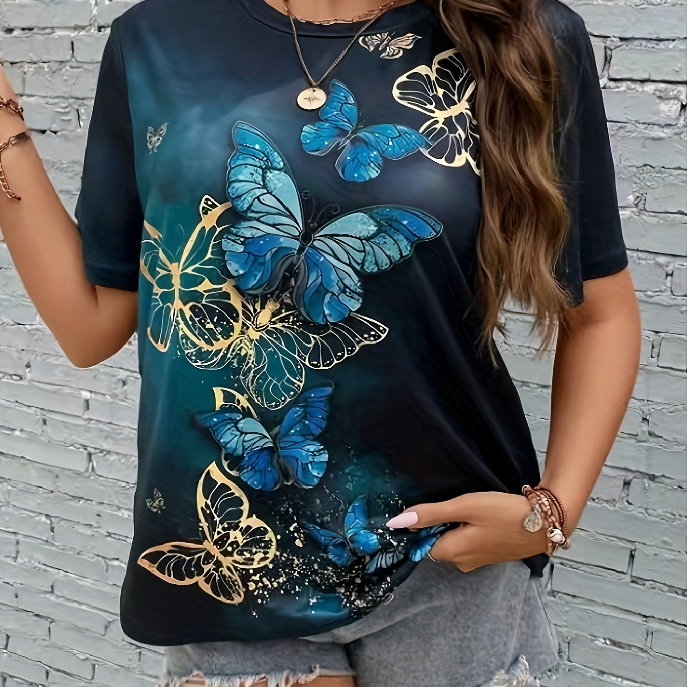 

Plus Size Butterfly Print T-shirt, Casual Short Sleeve Top For Spring & Summer, Women's Plus Size Clothing