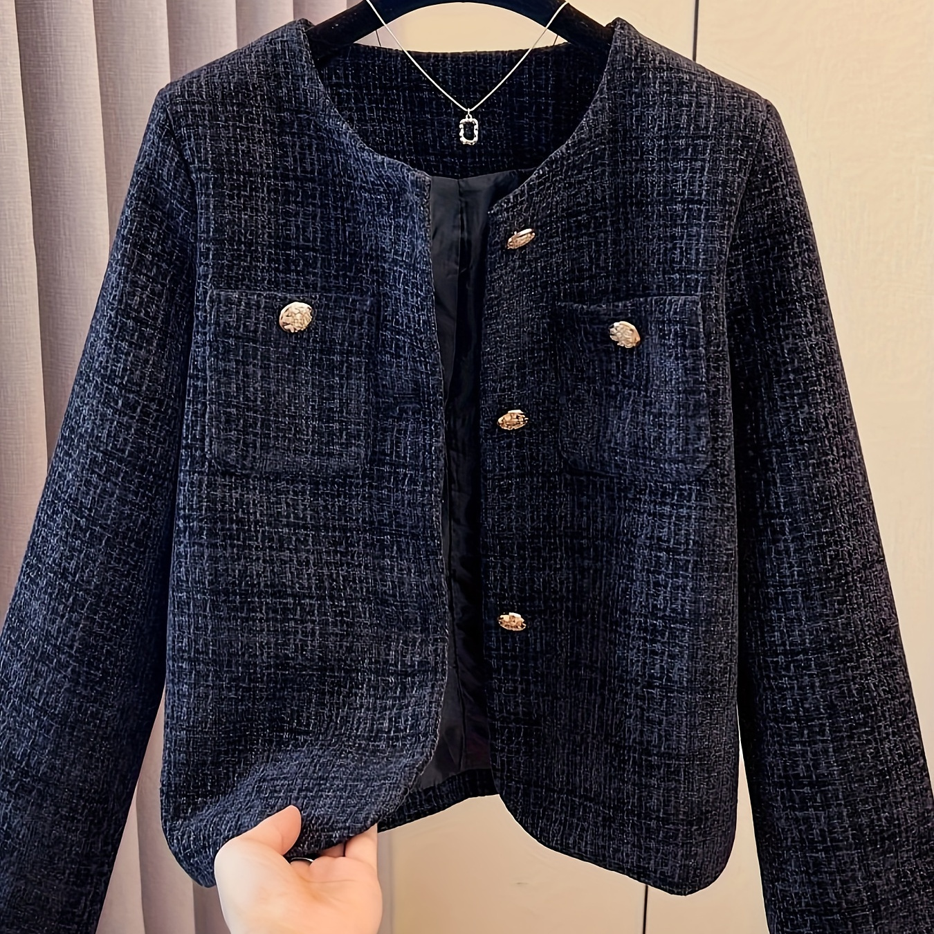 

Elegant Blue Round Neck Jacket For Women - Short Casual Top, Autumn Style, Polyester, Non-stretch Fabric, Button Detail