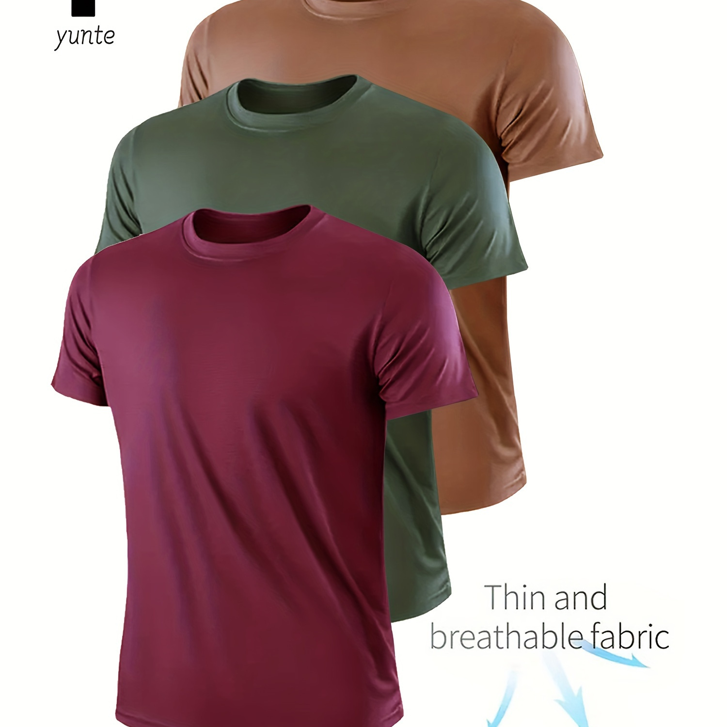 

3pcs Men's Quick-dry Athletic T-shirts - Breathable, Moisture-wicking Crew Neck Tees In , Army Green, Khaki - Gym, Running & Training