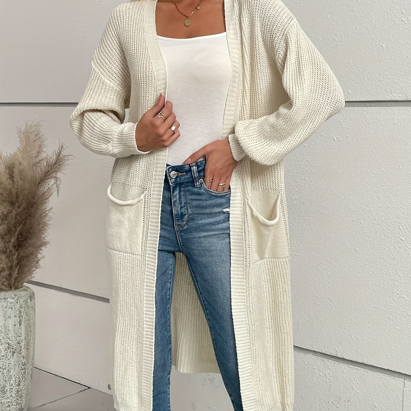 

Solid Open Front Pocket Cardigan, Casual Long Sleeve Long Length Cardigan For Fall & Winter, Women's Clothing