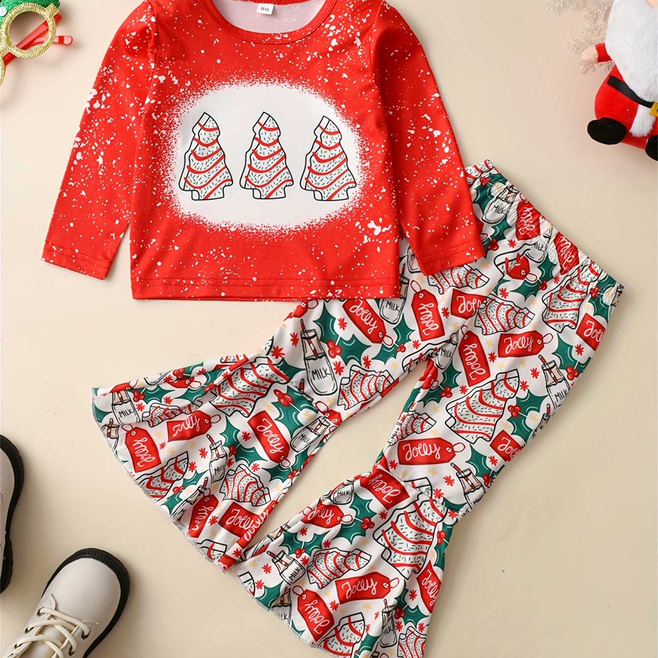 

Toddler Girls 2pc Sweet Christmas Outfits, Pullover + Flare Pants Set Kids Clothes Spring Fall Gift Christmas