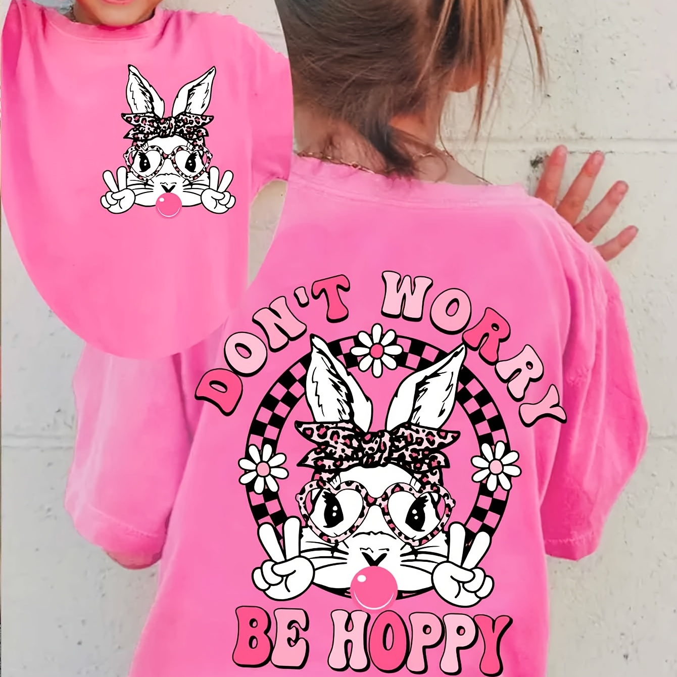 

Chicfull Girls' Easter 'don't Worry Be ' Bunny Graphic Tee - Pink Casual Crew Neck T-shirt With Leopard Headband & , Soft Polyester, Machine Washable, Spring/summer Collection