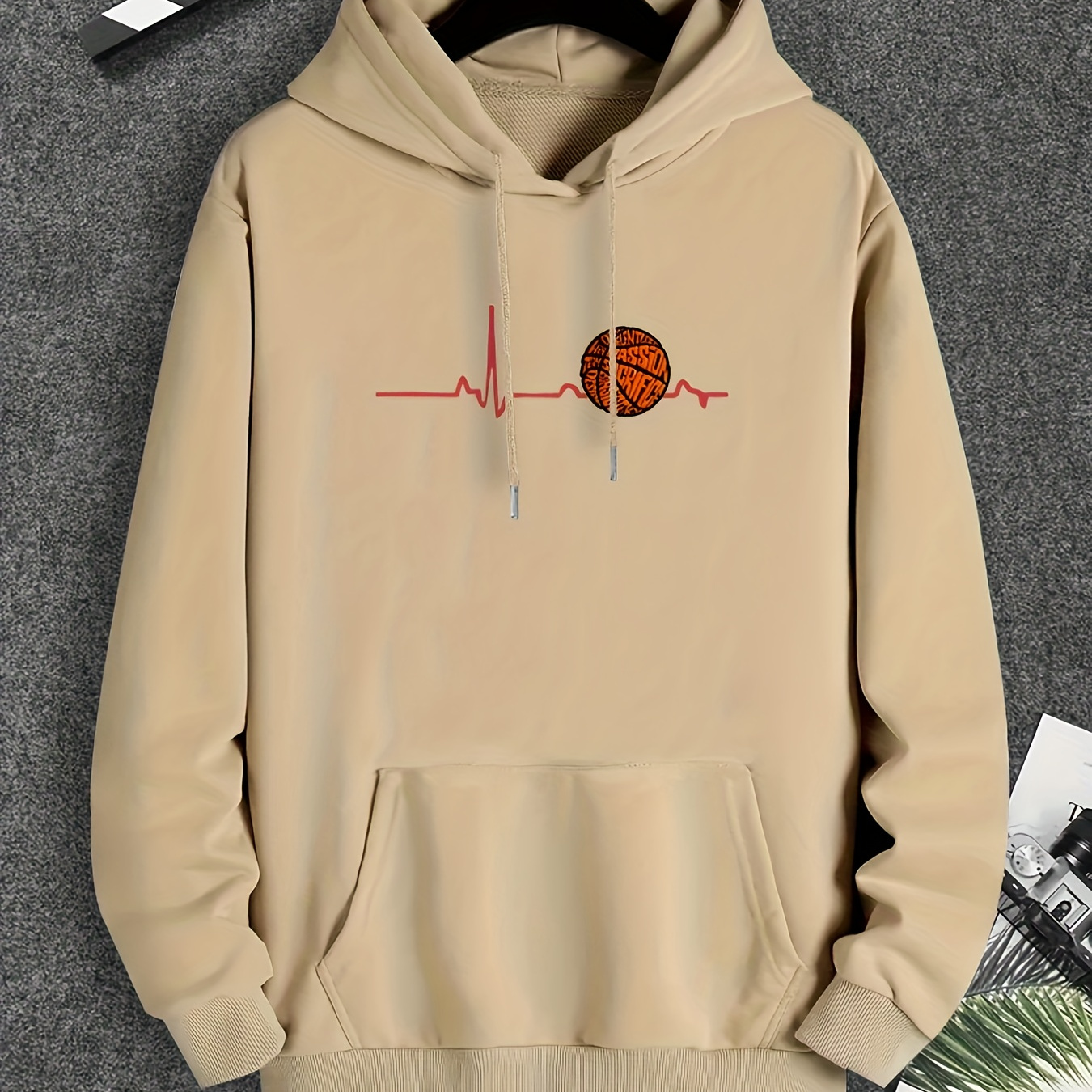 

Men's Ecg Basketball Print Hoodie, Casual Loose Hooded Long Sleeve Slightly Stretch Pullover Sweatshirt Top, Men's Clothing For Outdoor