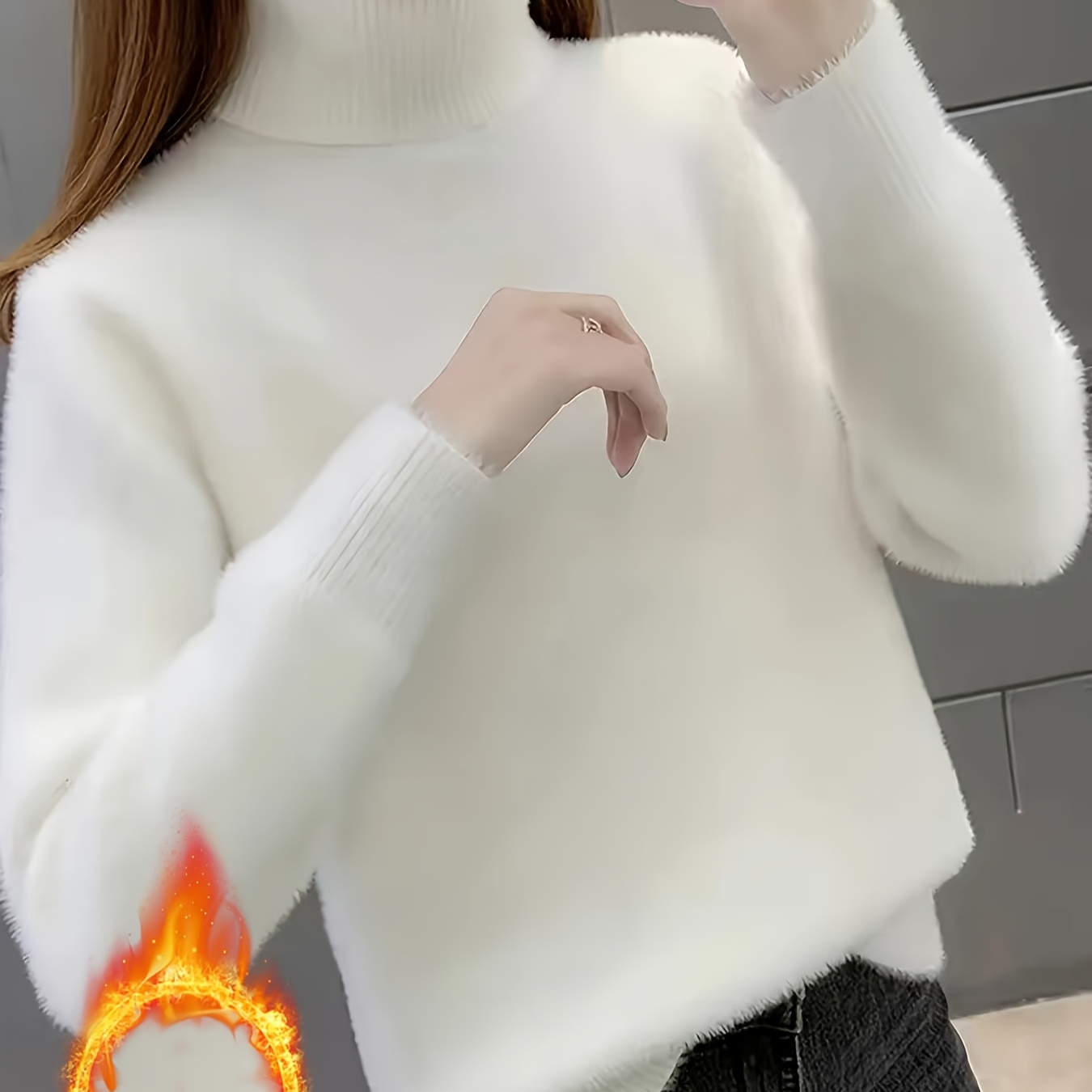 

Chic High-neck Mink Fur-lined Sweater For Women - Cozy Knit Pullover, Long Sleeve, Slim Fit, Solid Color, Machine Washable - Fall & Winter