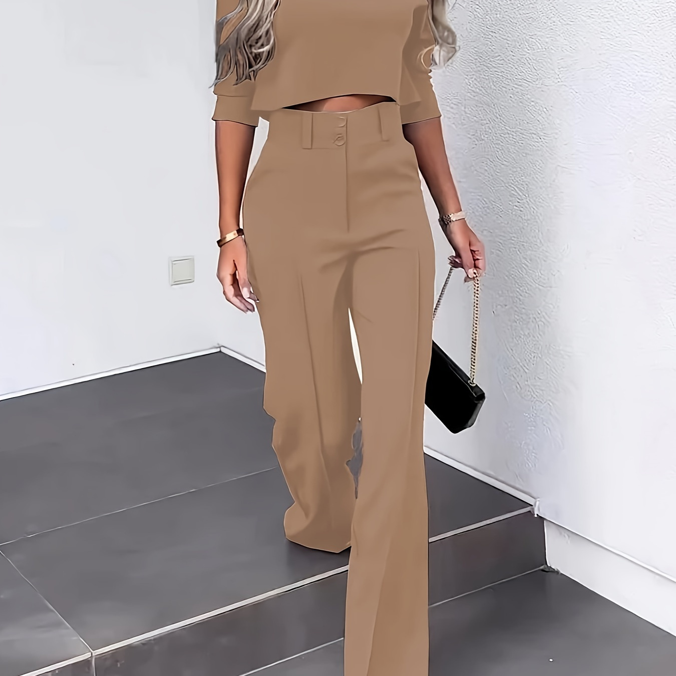 

Solid Color Jacket & High Waist Straight Pants Set