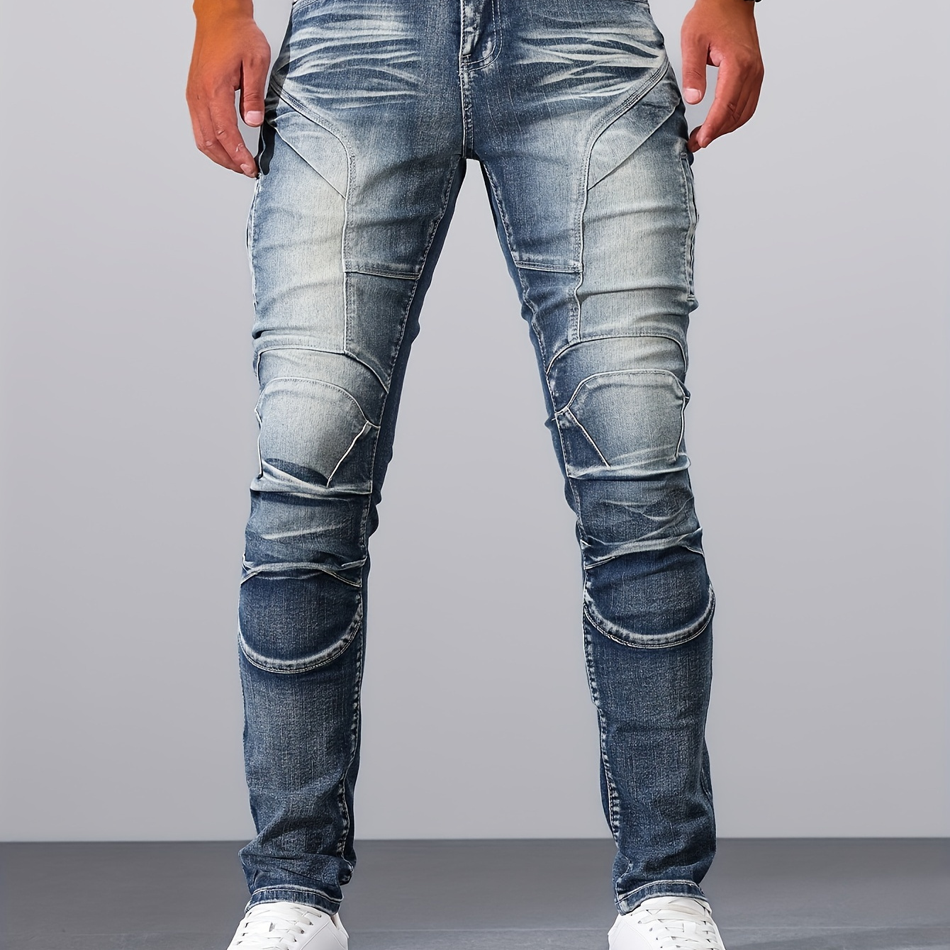 

Men's Casual Vintage Style Denim Pants, Street Style Skinny Biker Jeans