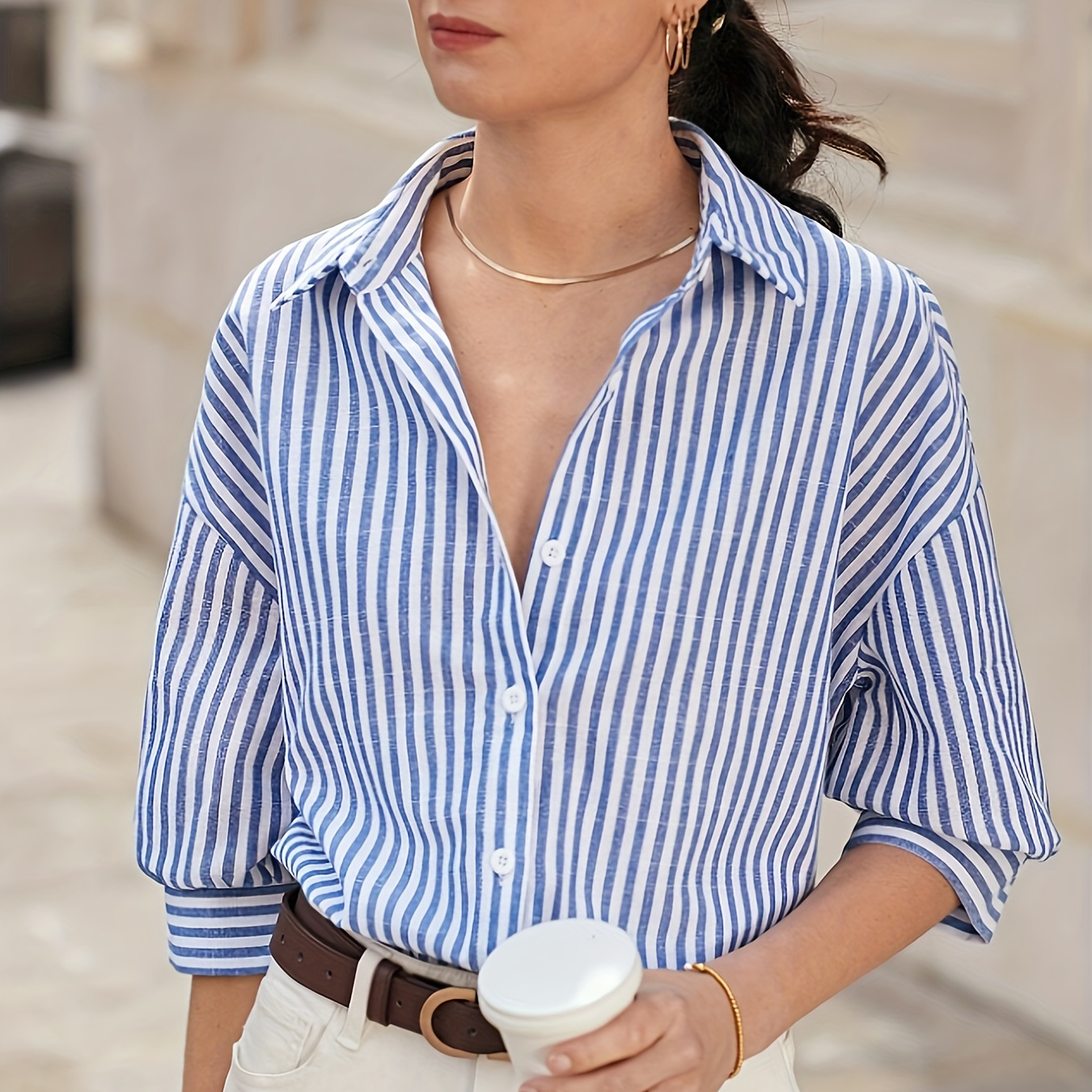 

Striped Button Front Shirt, Elegant Half Sleeve Shirt For Spring & Summer, Women's Clothing