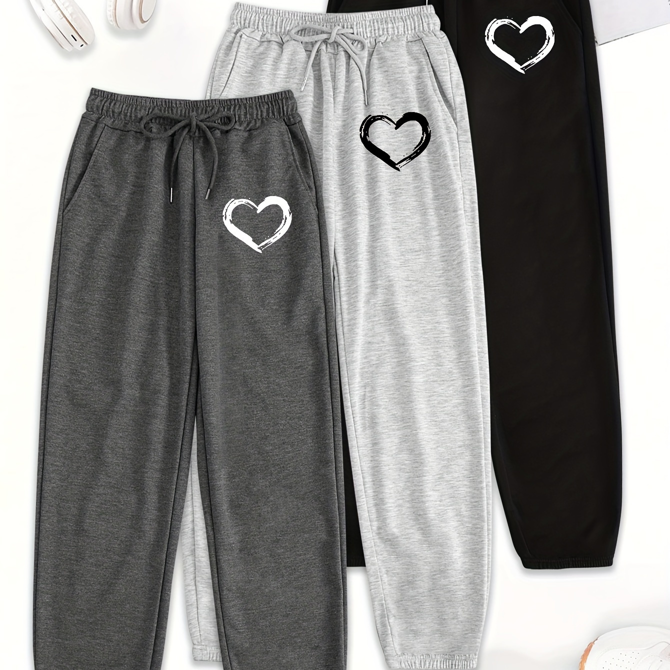 

3-pack Women's Letter Print Pants, Waist Casual Sweatpants, Polyester Knit With Heart Pattern, Loose Fit, Pocketed, All- Pants For Adults