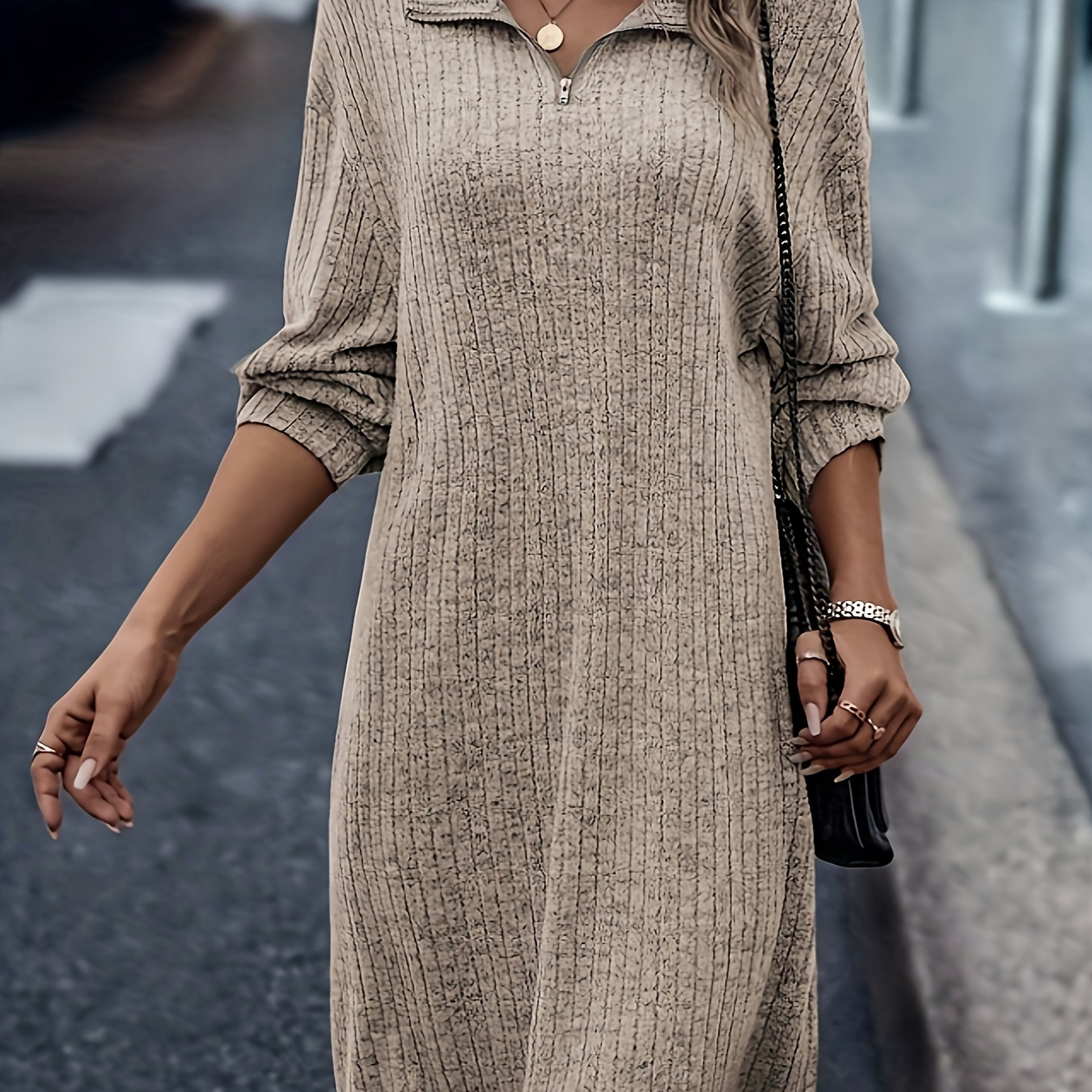 

Elegant Knit Dress With Half-zip And Collar, Featuring Metal Chain Detail - Adult Size