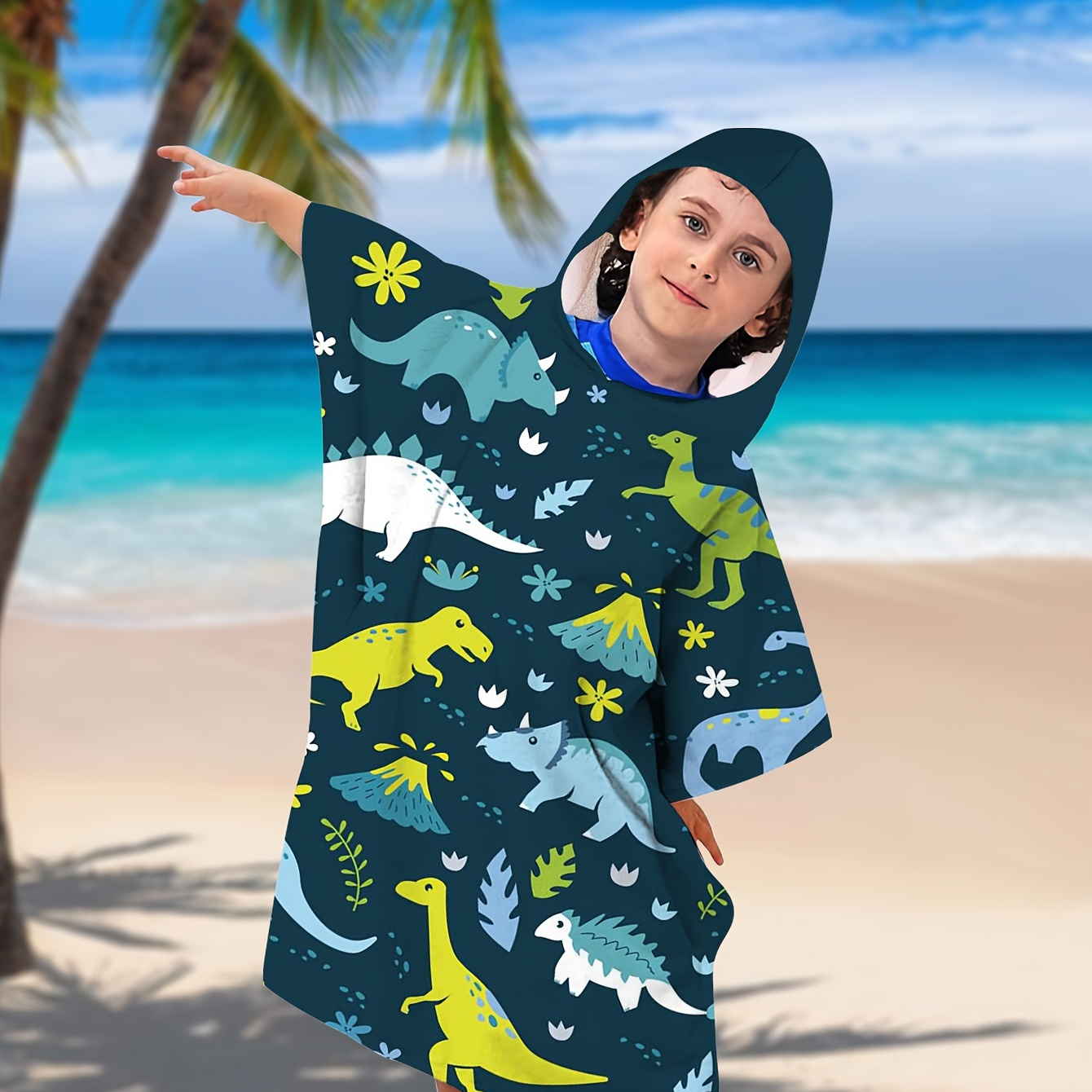 

Kid's Dinosaur Pattern Hooded Bathrobe, Multi-functional & Highly Absorbent, Soft Comfortable Pajama, Must-have Robes After Swimming/beach/bathing
