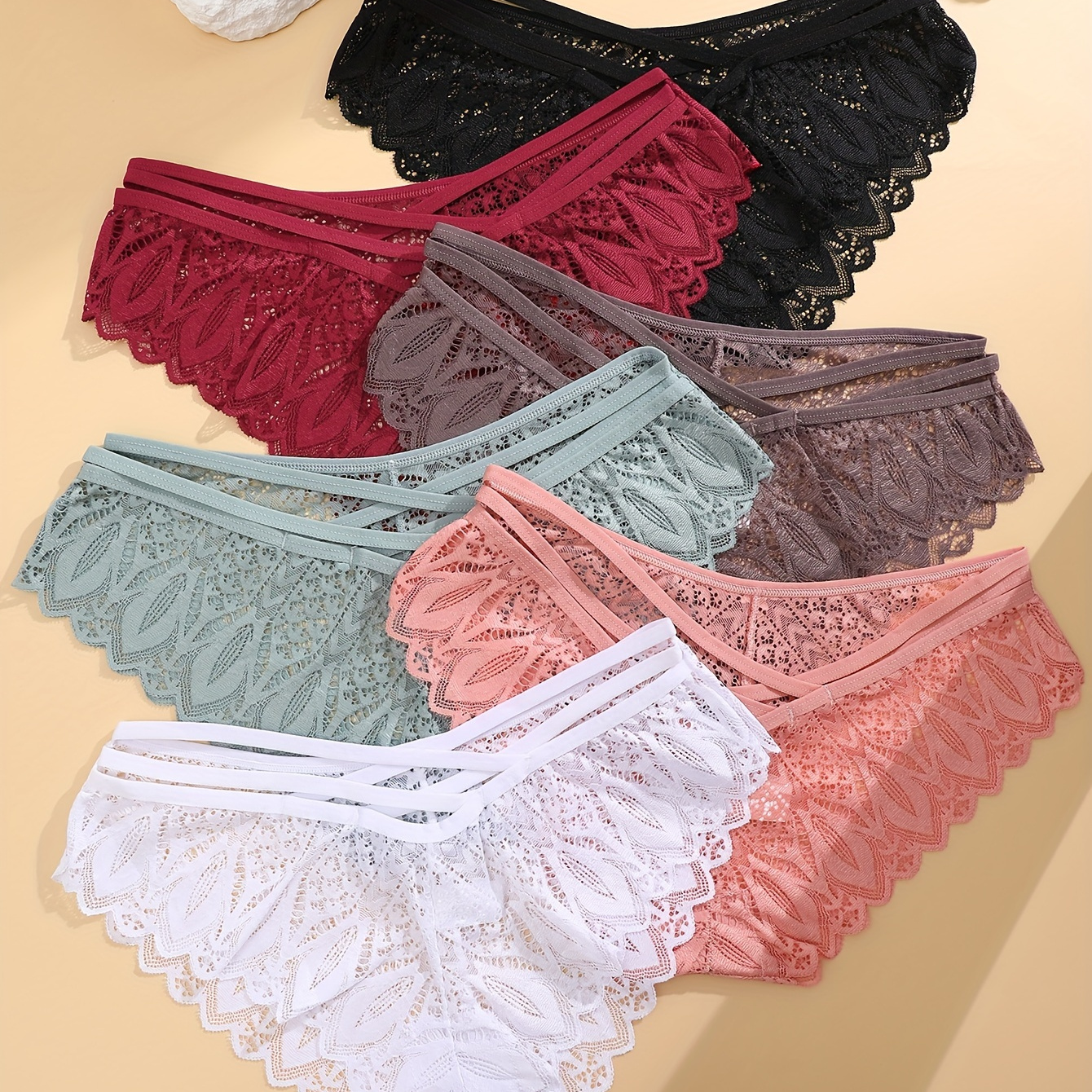 

6pcs Solid Paisley Lace Briefs, Sexy Comfy Breathable Stretchy Intimates Panties, Women's Lingerie & Underwear