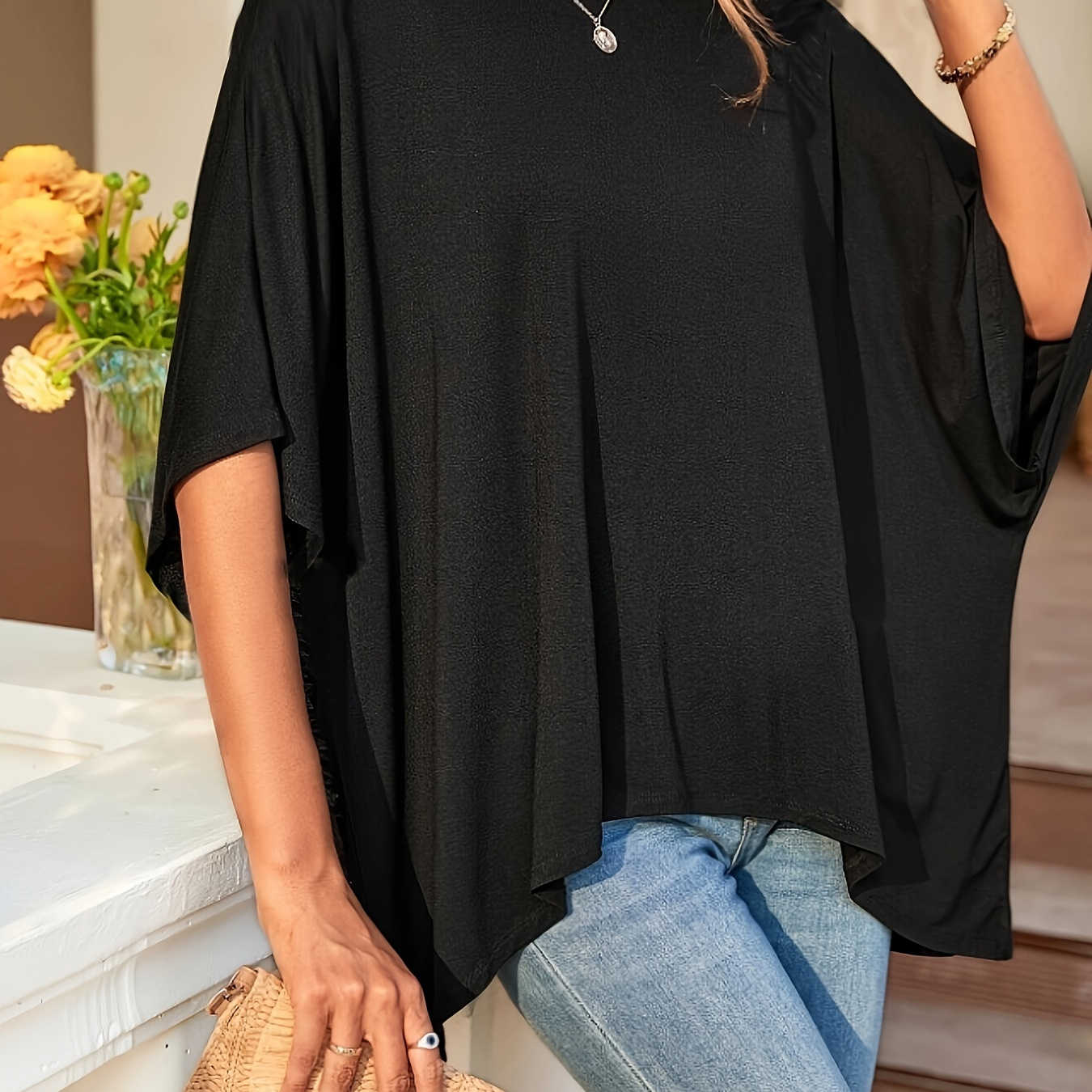 

Solid Color Crew Neck T-shirt, Casual Short Batwing Sleeve Loose Top For Spring & Summer, Women's Clothing