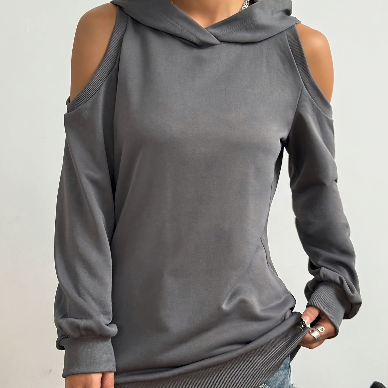 

Women' Solid Color Hoodie, Casual Shoulder Sweatshirt, Polyester Knit, Spring/autumn Season, Hooded Pullover Top