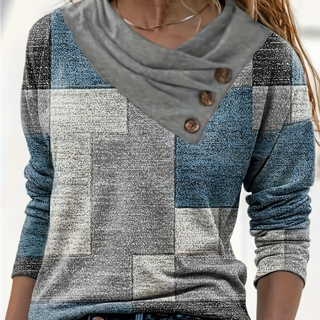 

Geo Print Skew Neck T-shirt, Button Decor Long Sleeve Tuck T-shirt For Spring & Fall, Women's Clothing