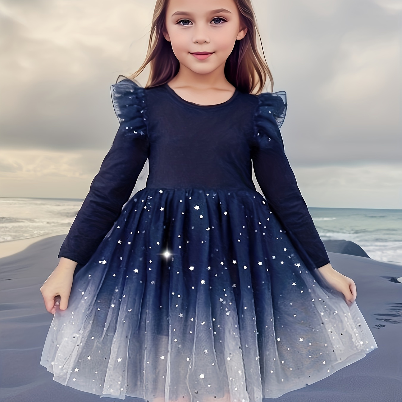 

Trendy Sequin Trim Long Sleeve Starry Night Design Dress For Party Gift Christmas