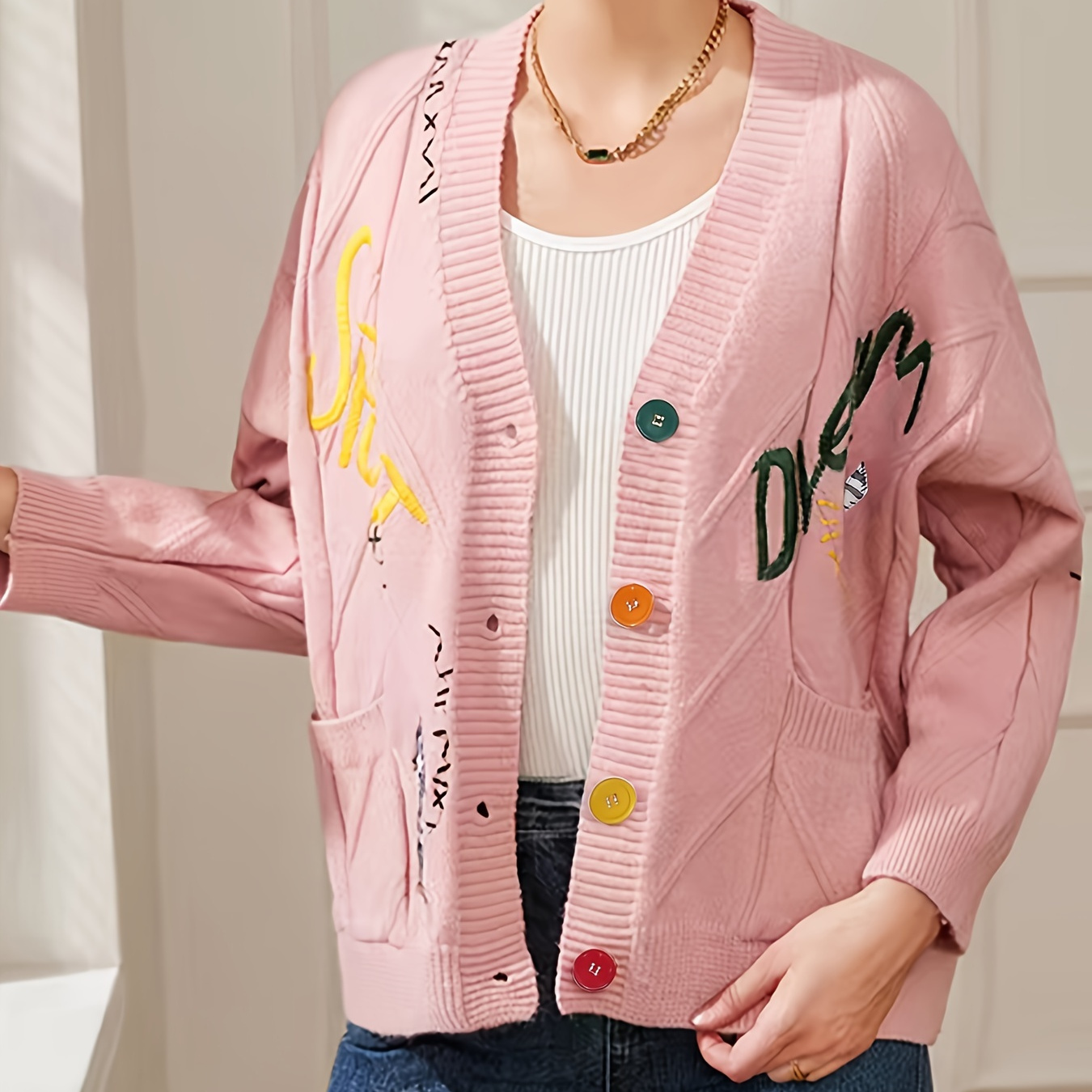 

Letter Pattern Button Down Knit Cardigan, Casual Long Sleeve Loose Sweater With Pocket, Women's Clothing
