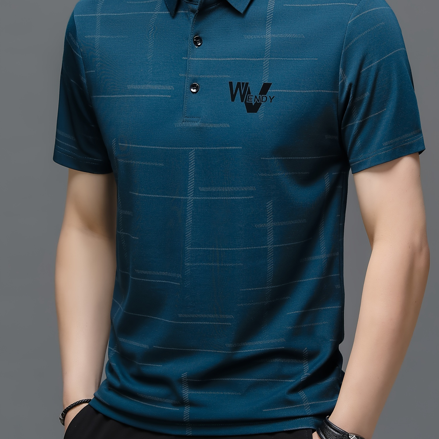 

Men's Irregular Stripe Pattern And Alphabet Print Sports Shirt With Lapel Collar, Henley Neck And Short Sleeve, Classic And Chic Tee For Men, Tops Suitable For Summer Outdoors Activities