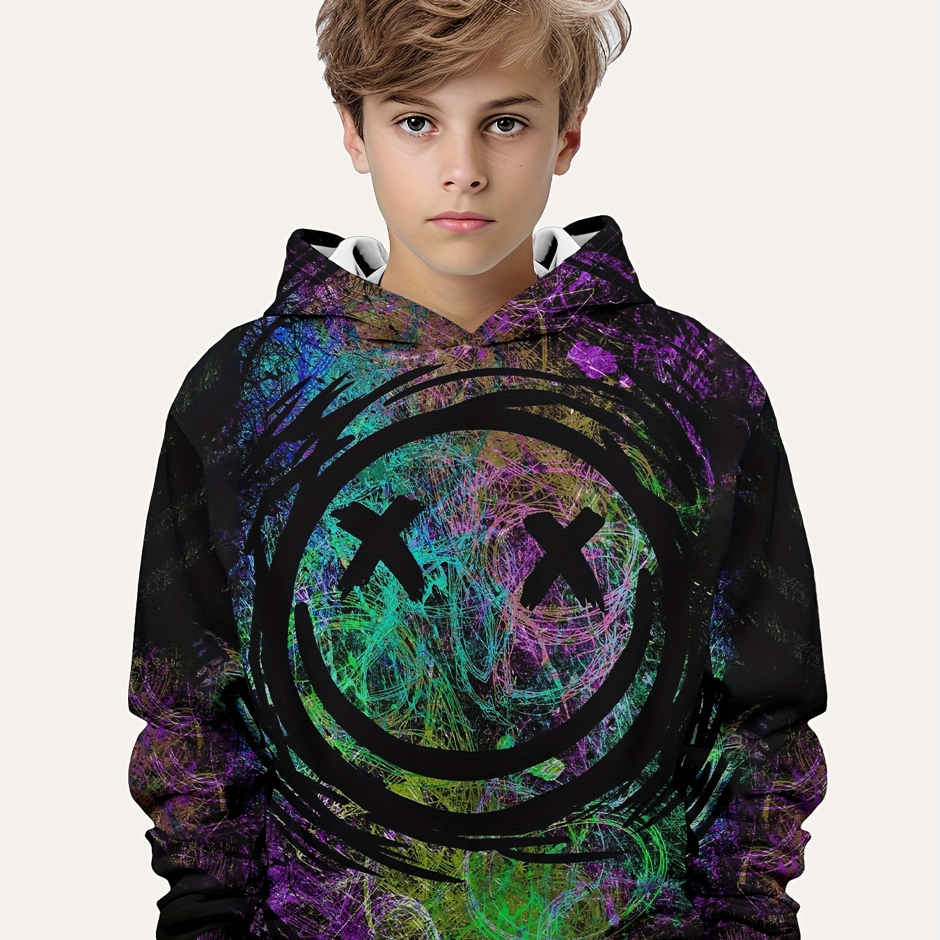 

Street Style Colorful Striped And Smile Face 3d Print Cute&cozy Hoodie For Kids Boys - Keep Him Warm And Stylish!