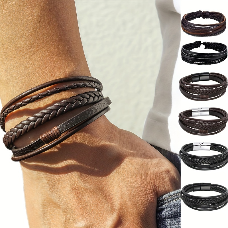 Men's Double-layer Braided Leather Bracelet With Adjustable Stainless Steel  Magnetic Clasp, Suitable For Men And Women, Jewelry Gift - Temu Ireland