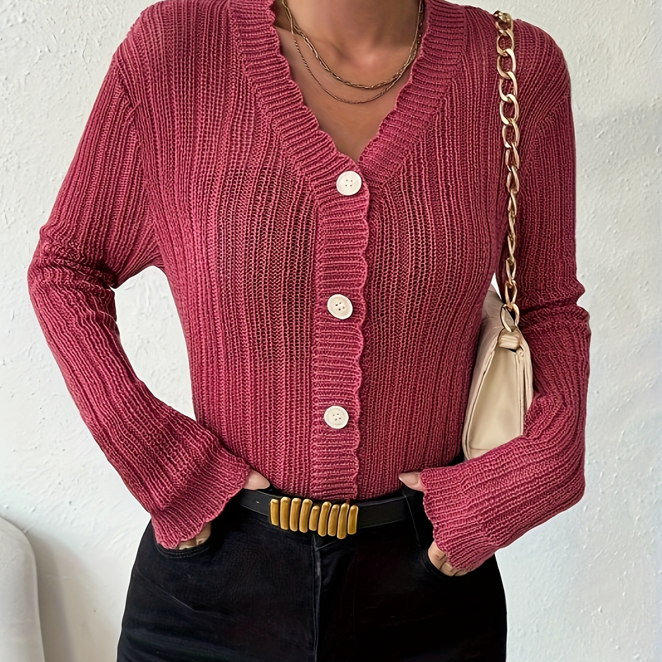 

Solid Color Button Front Cardigans, Elegant Loose Long Sleeve Knitted Cardigans Top For Spring & Fall, Women's Clothing