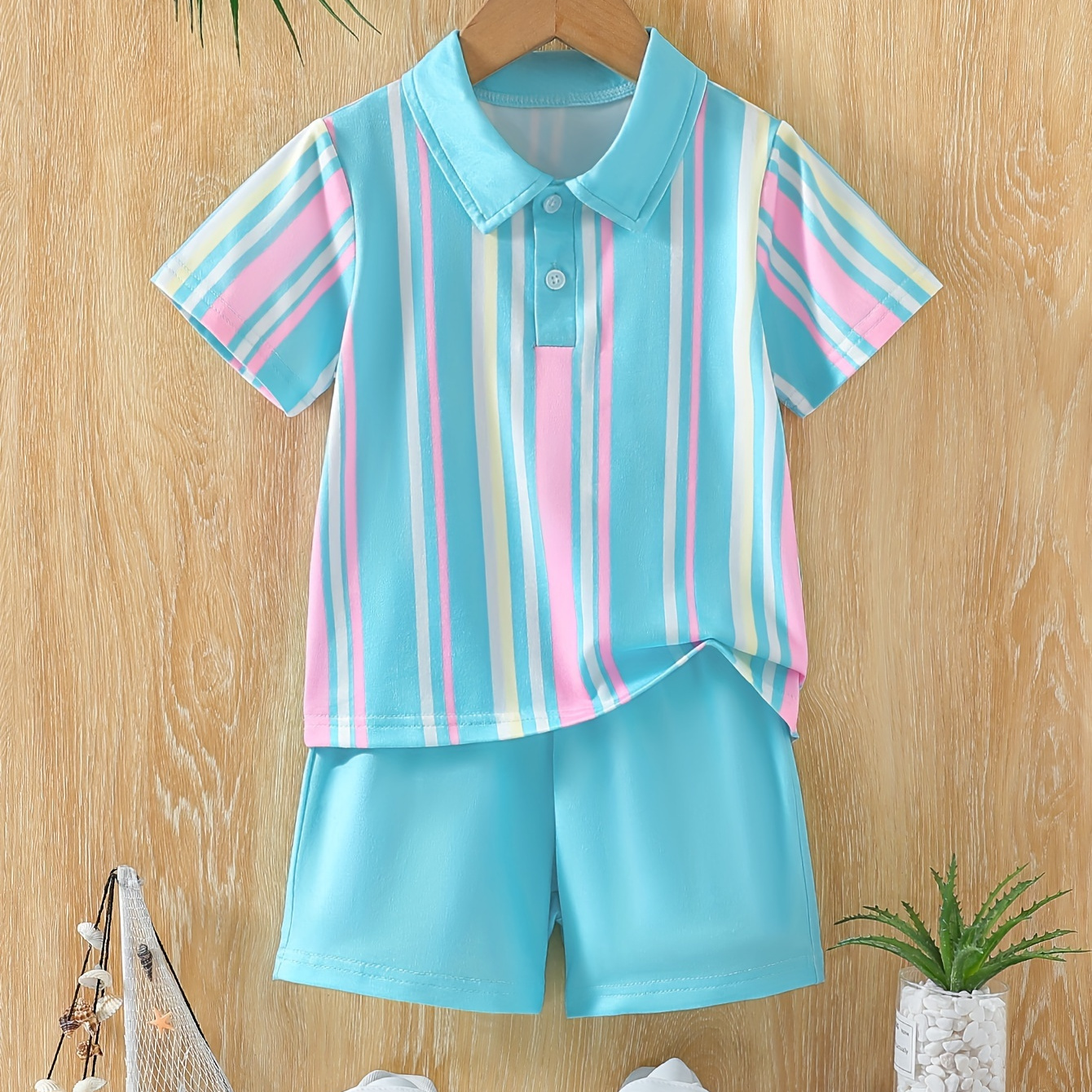 

2pcs, Striped Short Sleeve Lapel Shirt + Solid Color Shorts Set For Boys, Breathable Versatile Set Casual Summer Gift