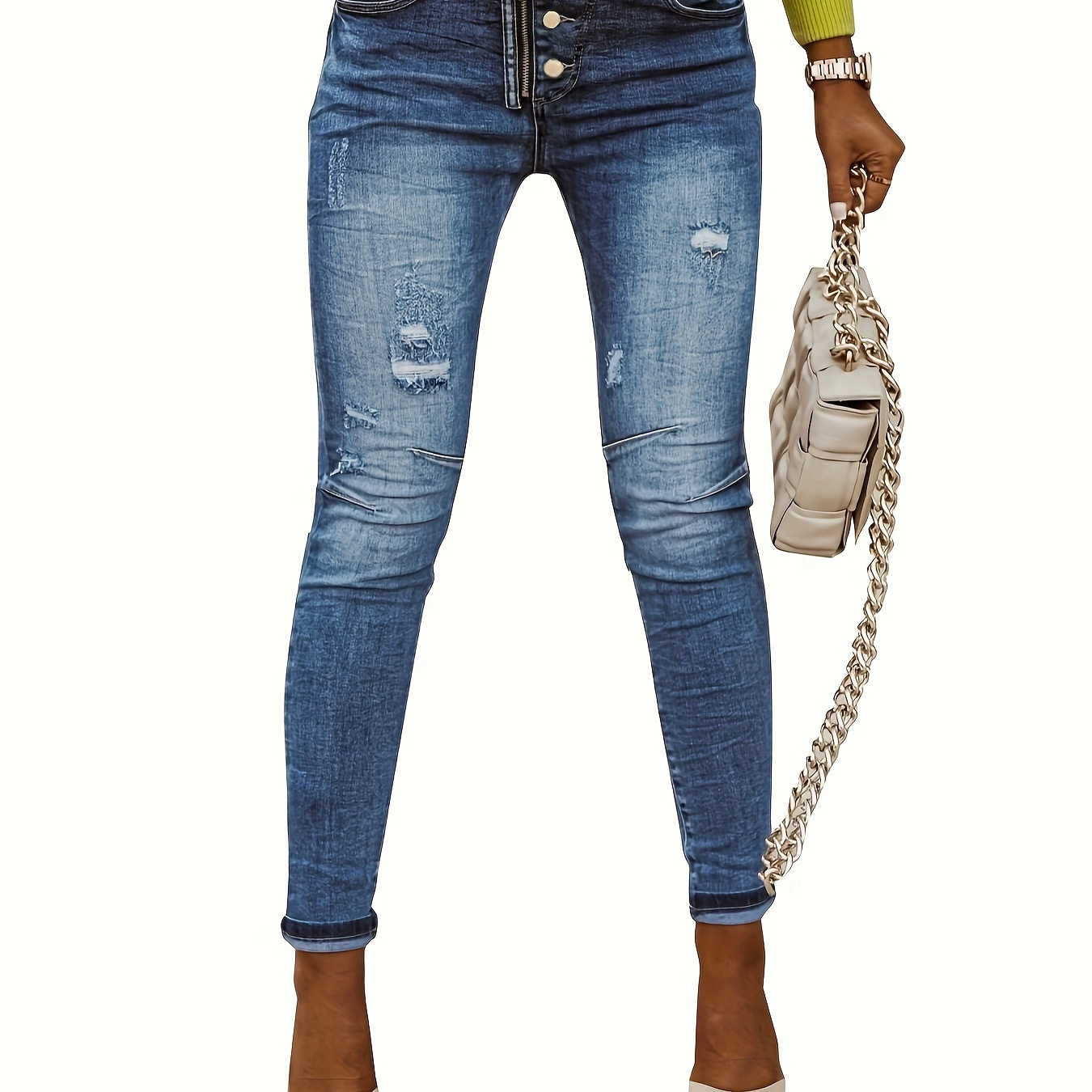 

Single-breasted Ripped Skinny Fit Washed Blue Jeans, Women's Denim Jeans & Clothing