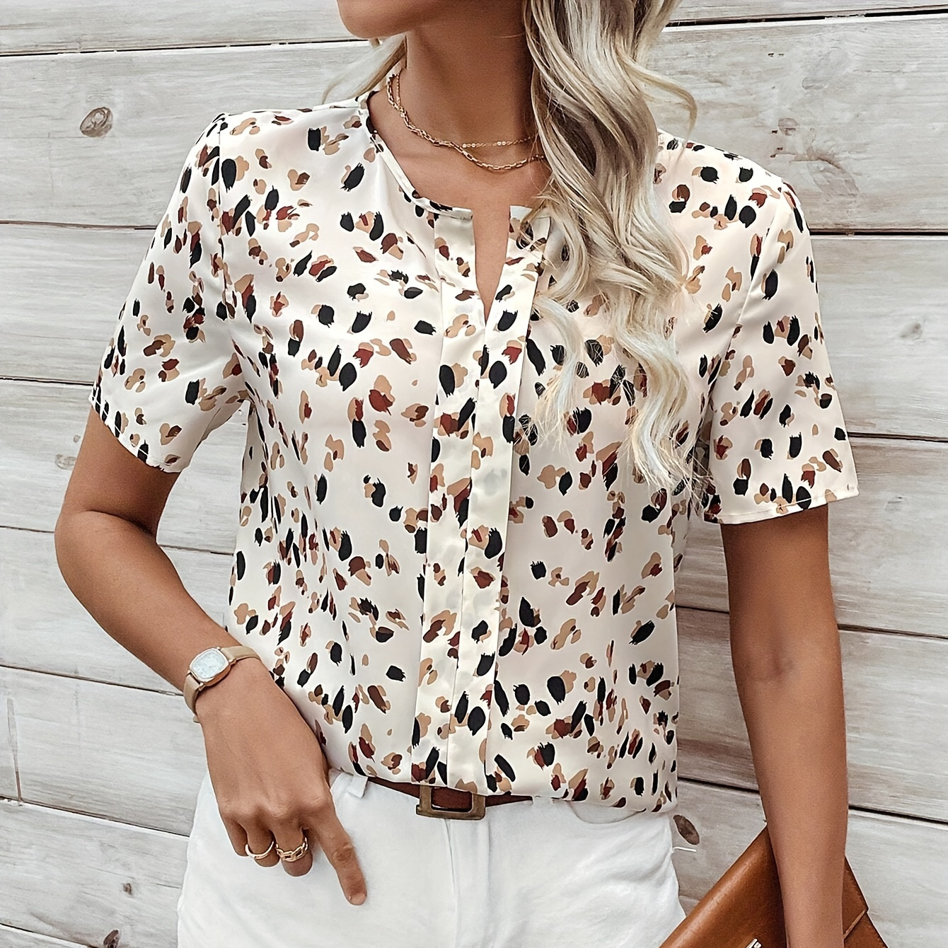 

Allover Print Notched Neck Blouse, Elegant Short Sleeve Top For Spring & Summer, Women's Clothing