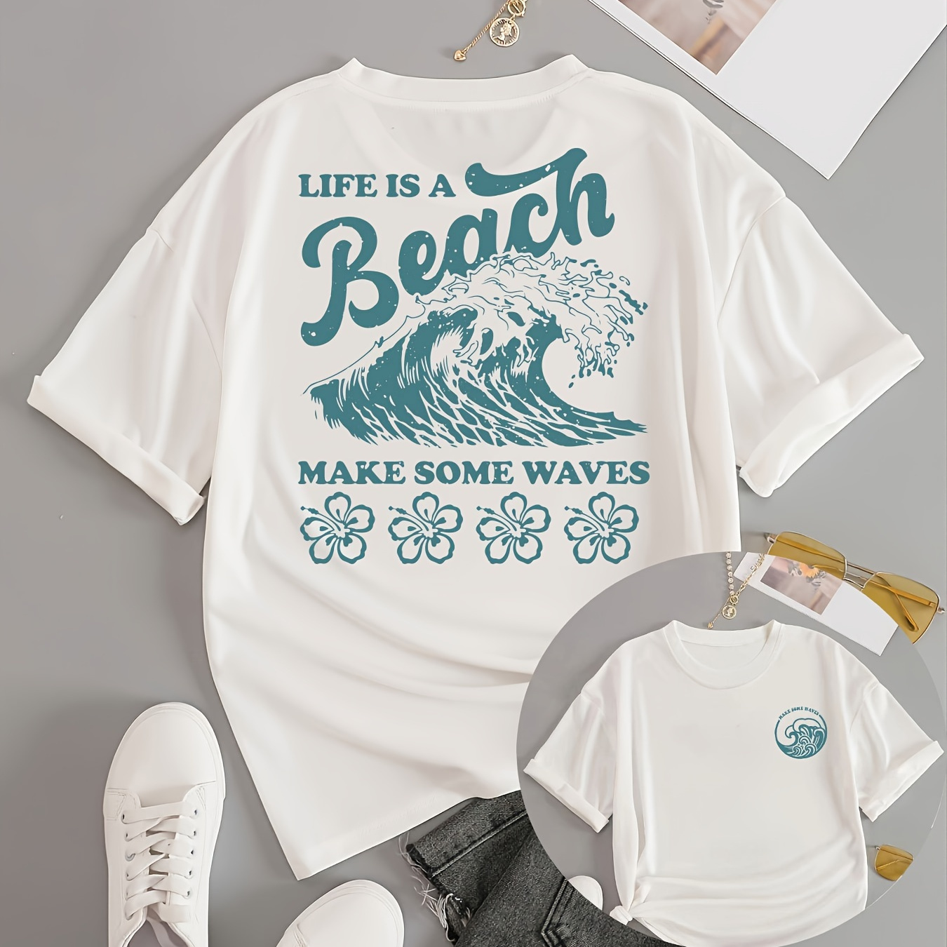 

Beach Print Crew Neck T-shirt, Casual Short Sleeve Top For Spring & Summer, Women's Clothing