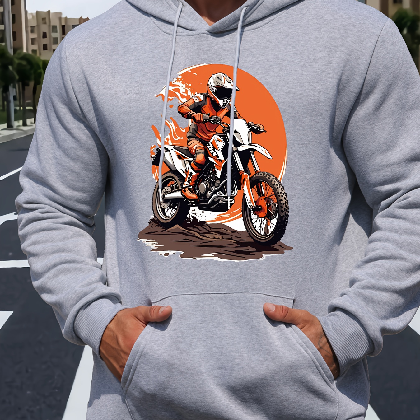 

Sweat à capuche décontracté pour homme avec motif de moto, pull confortable à manches longues en tricot avec cordon de serrage, automne/hiver.