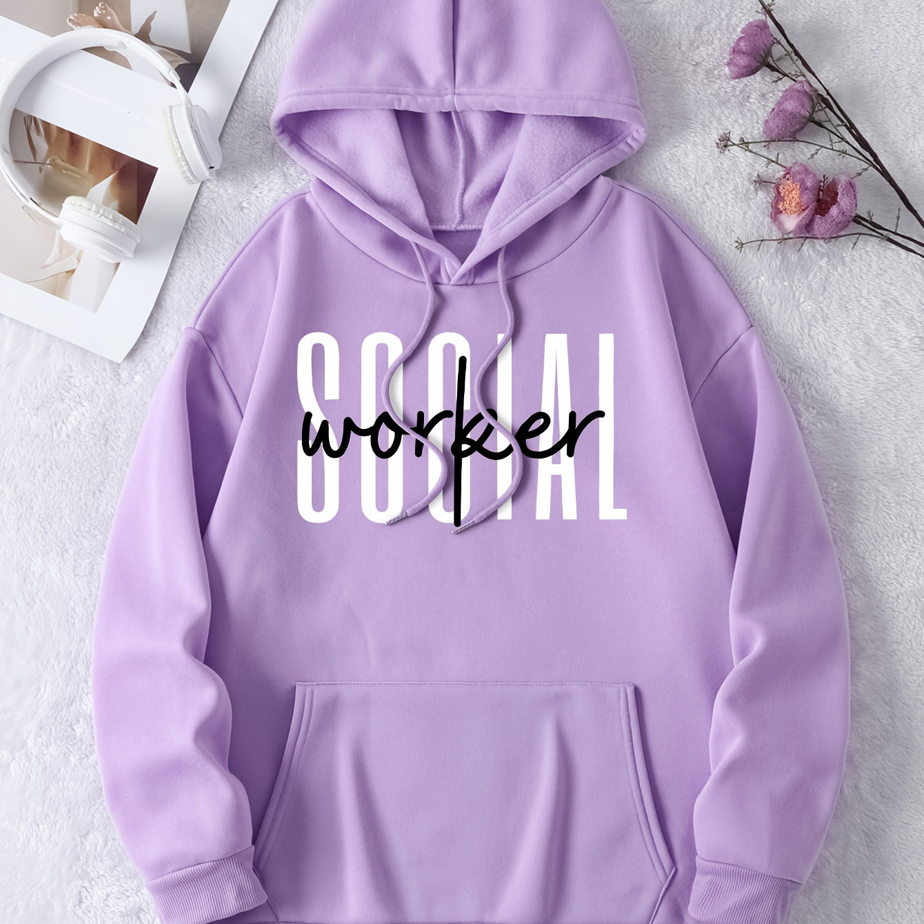 

Social Worker Print Kangaroo Pocket Hoodie, Casual Long Sleeve Drawstring Hooded Sweatshirt, Women's Clothing