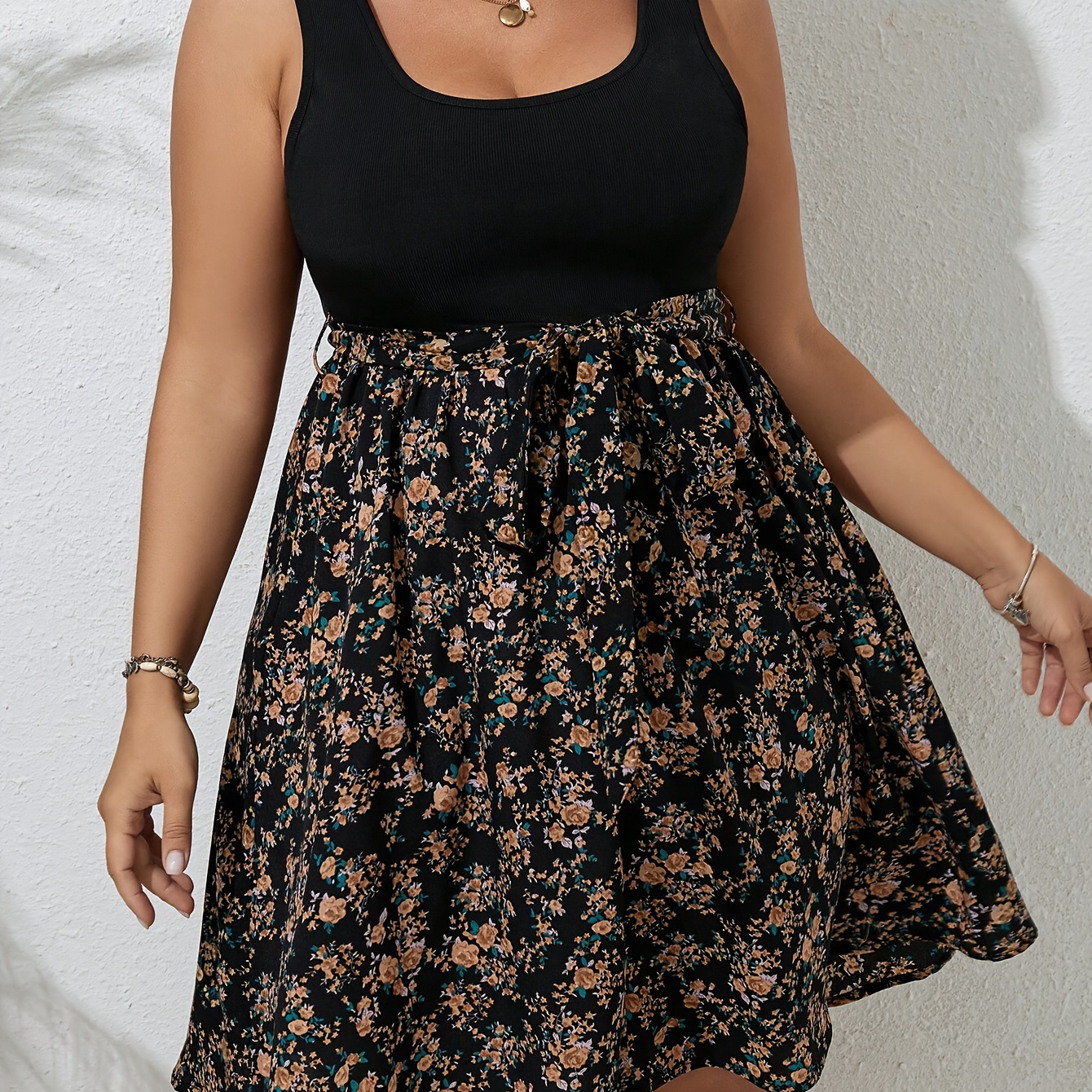 

Plus Size Floral Print Paneled Tank Dress, Elegant Sleeveless Dress For Spring & Summer, Women's Plus Size Clothing