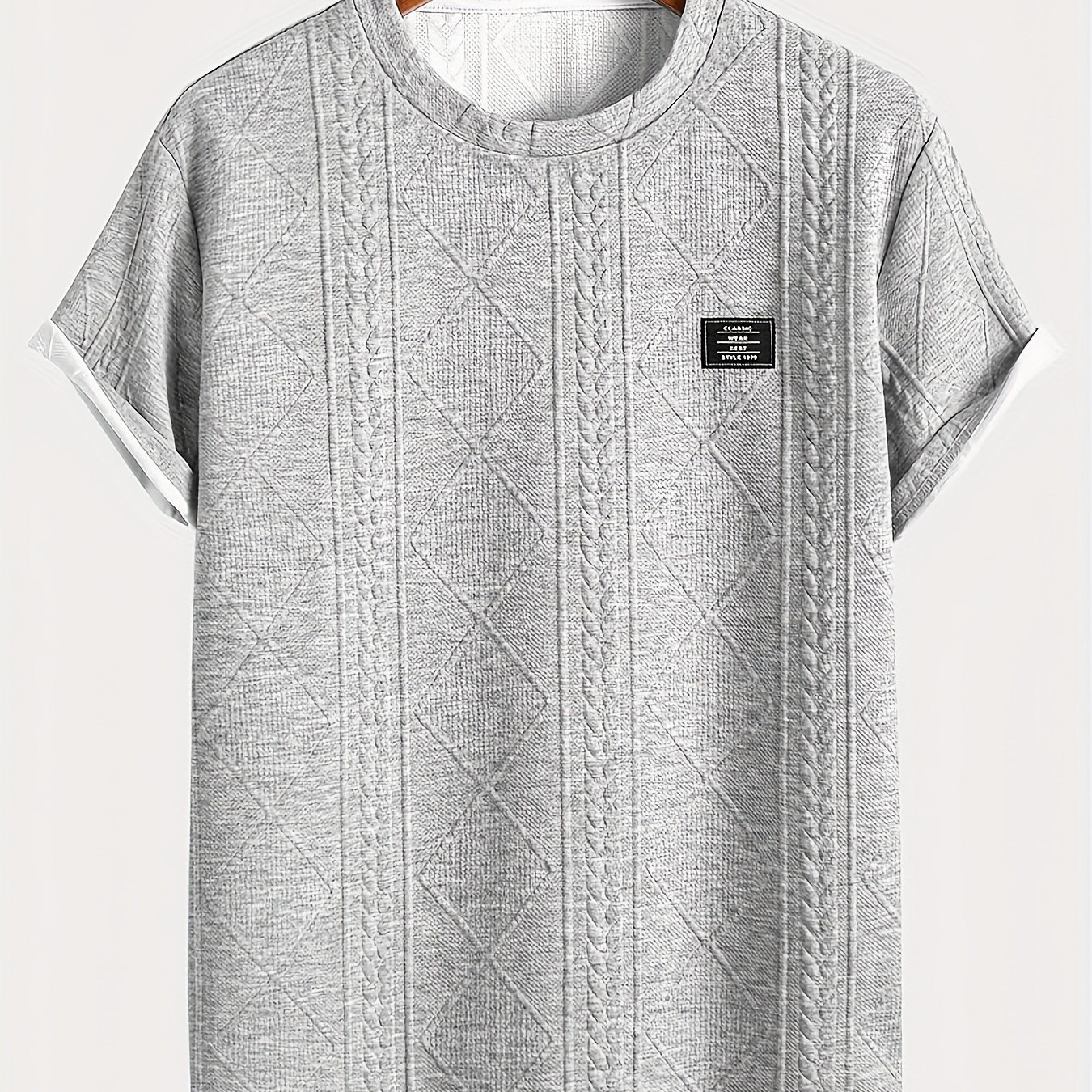 

Men's Embossed Pattern Short Sleeve Top - Casual Polyester Knit Fabric With Round Neckline, Solid Color, Regular Fit