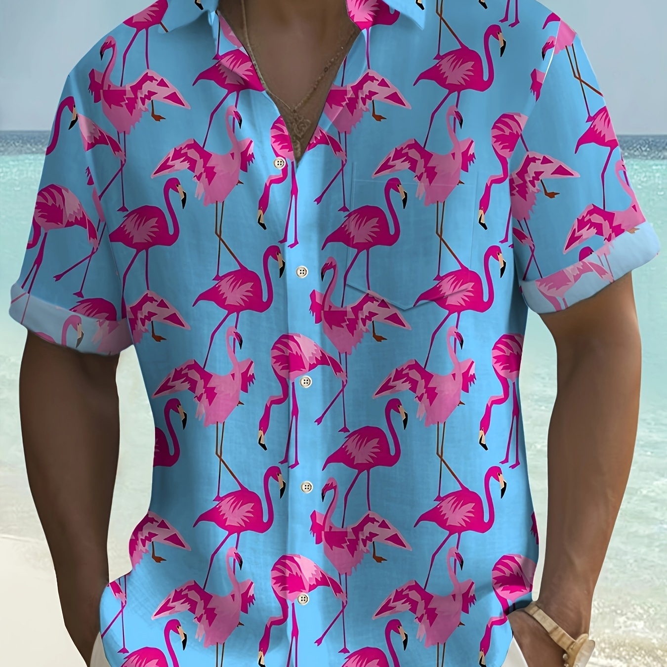 

Flamingo Print Hawaiian Shirt, Men's Casual Allover Print Button Up Short Sleeve Shirt For Summer Beach Vacation Resort