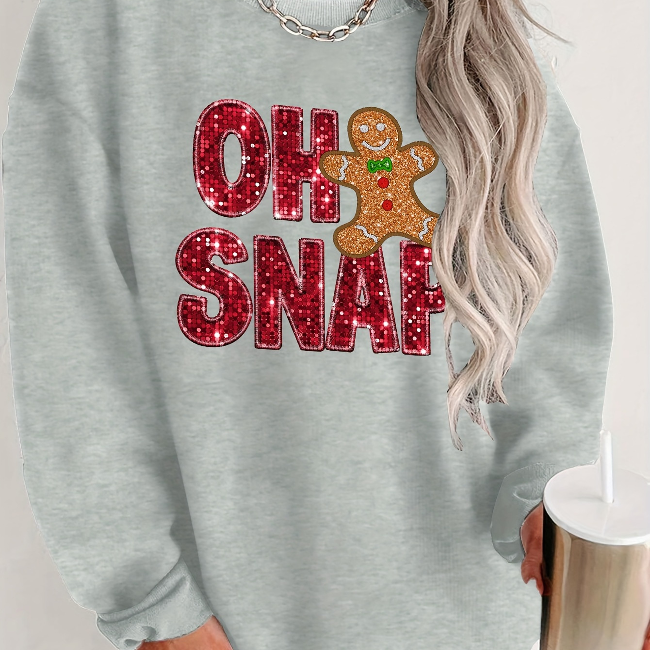 

Women's Casual Crew Neck Sweatshirt With Christmas Gingerbread Print, 100% Polyester Knit Fabric, Long Sleeve Pullover For Fall/winter