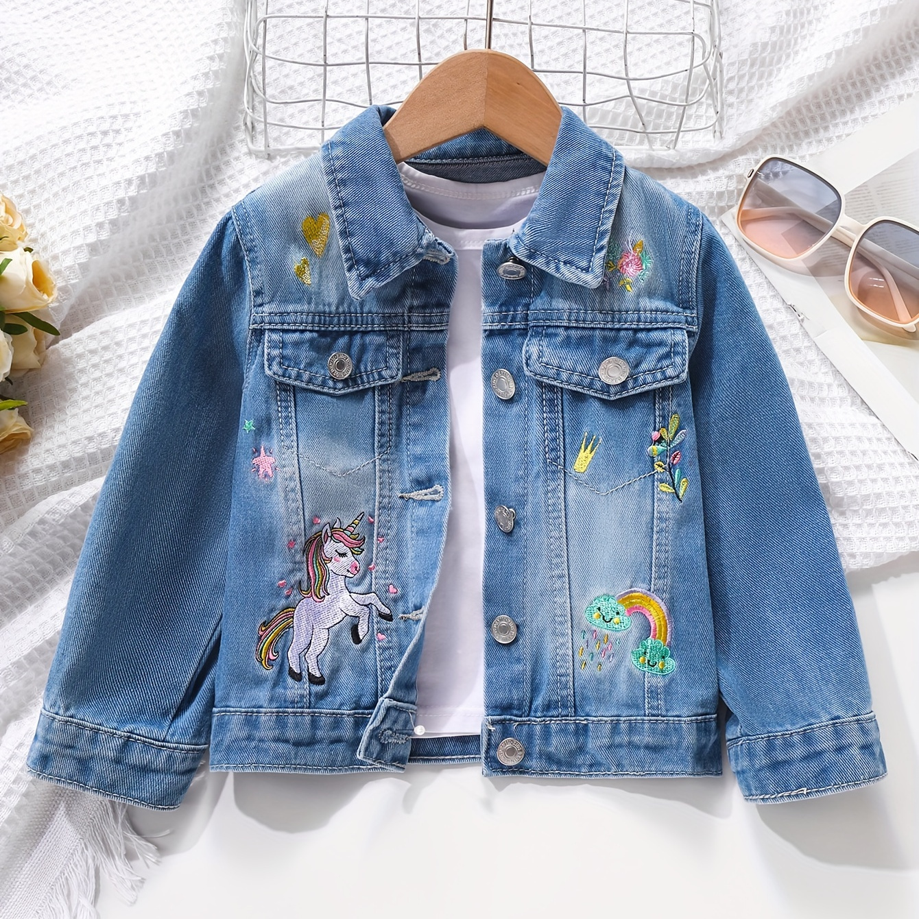 

Veste En Jean À Manches Longues Avec Col Boutonné Et Broderie De Dessin Animé Mignonne Pour Filles