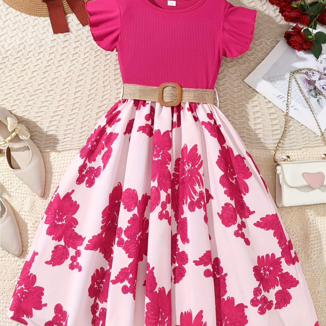 

Girls Elegant Floral Print Ruffle Cap Sleeve High Waist A-line Belted Summer Dress