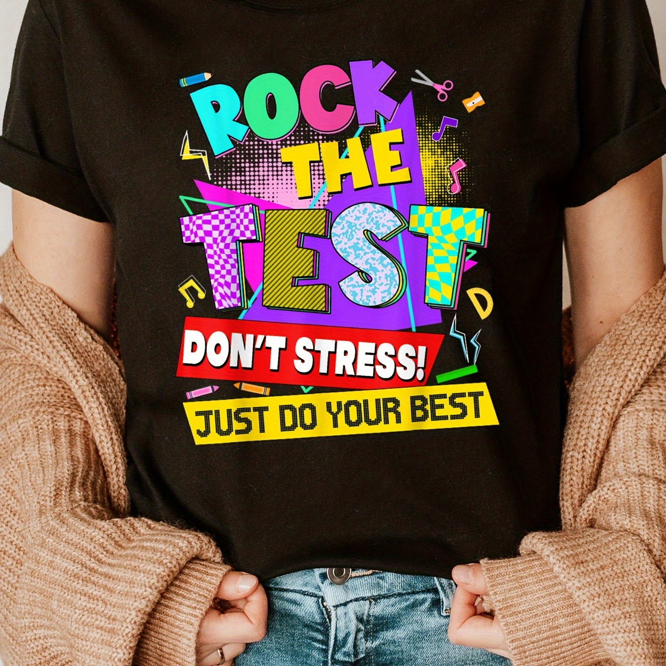 

Rock The Test Print Crew Neck T-shirt, Short Sleeve Casual Top For Summer & Spring, Women's Clothing