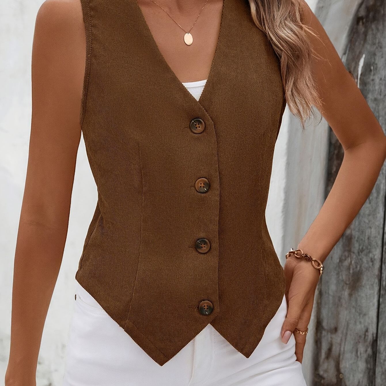 

Women' Color Button-front Vest Cardigan, Corduroy, V-neck, Sleeveless, Polyester, Elegant Style, Spring/summer/autumn, Adult Outerwear