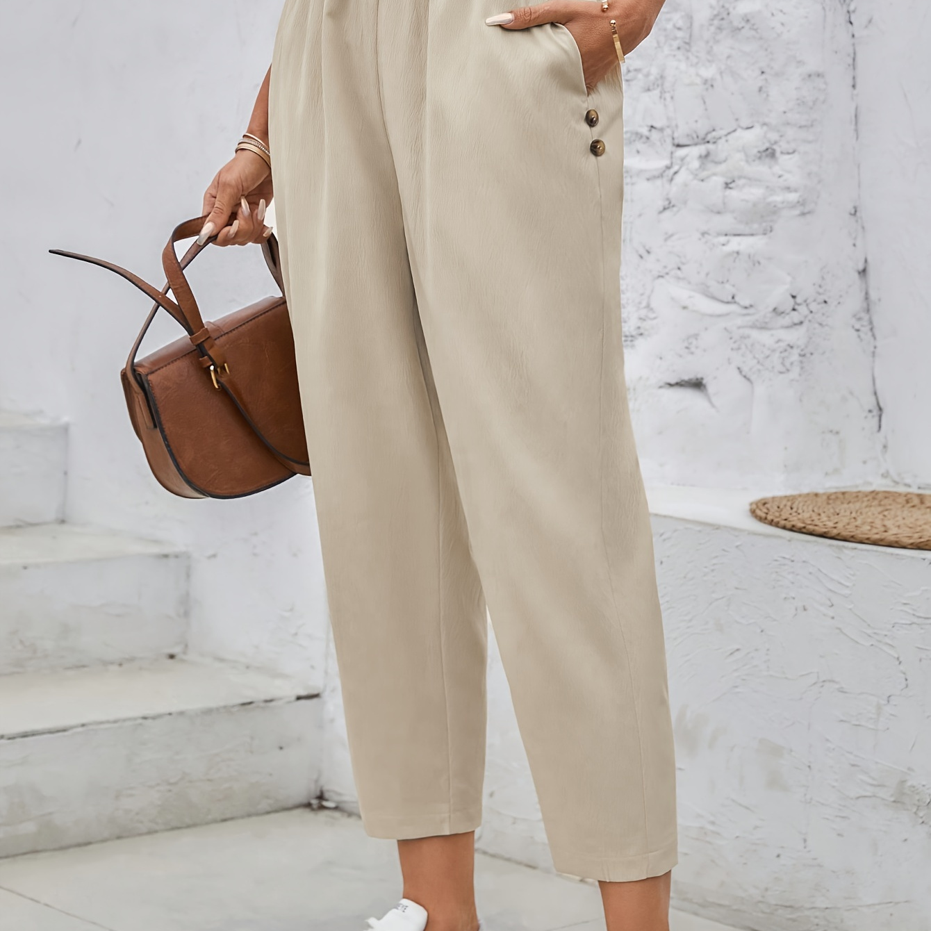 

Plain Color Dual Pockets Tapered Pants, Casual & Versatile High Waist Pants For Spring & Summer, Women's Clothing