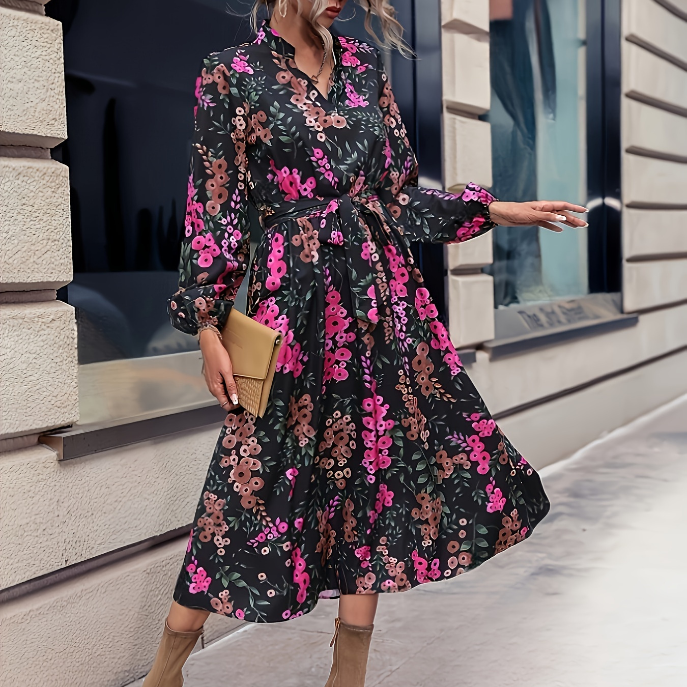 

Floral Print V-neck Dress, Elegant Lantern Sleeve Tie Waist A-line Midi Dress For Spring & Fall, Women's Clothing