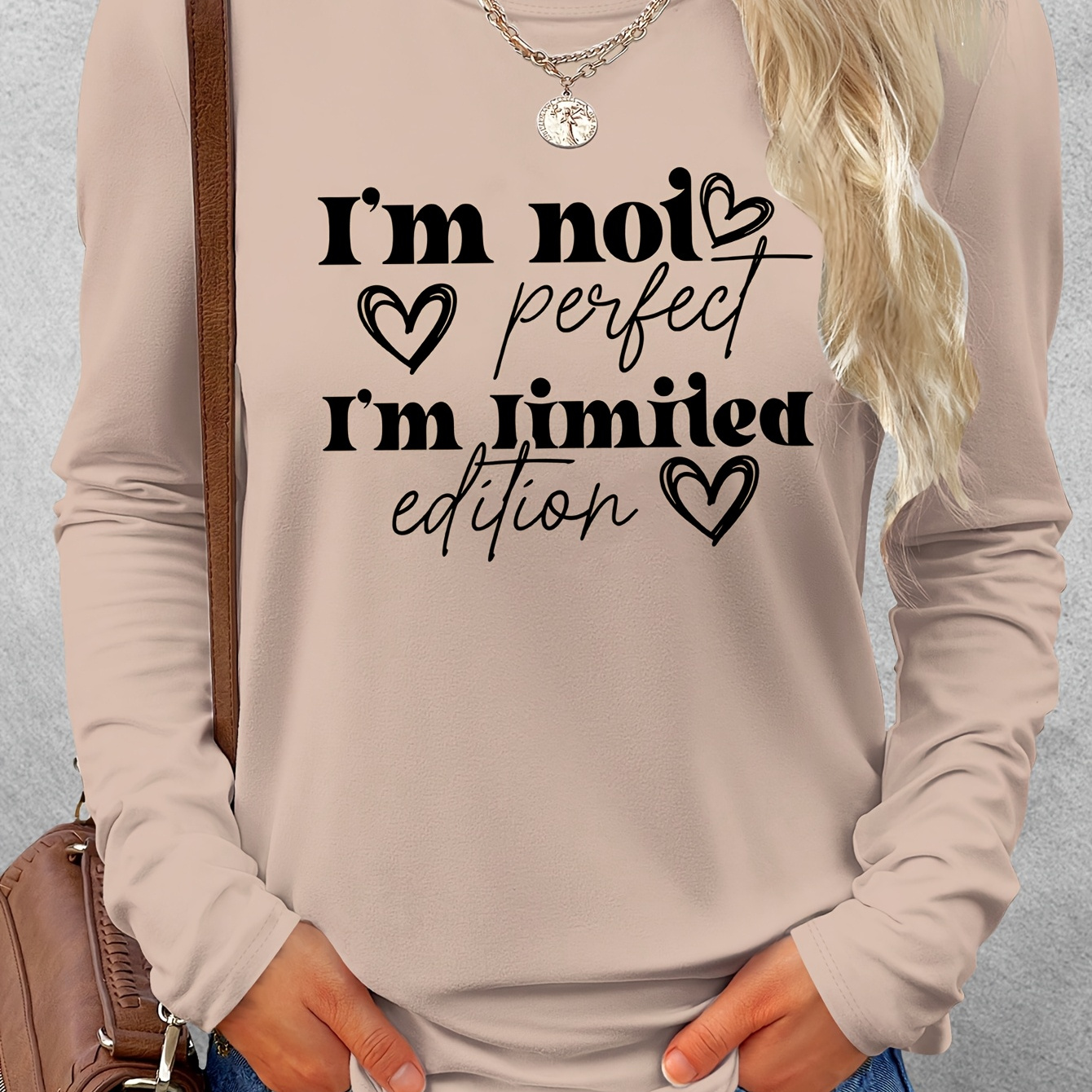 

1pc Women's Long Sleeve Crew Neck T-shirt With " Perfect, I'm " , Casual Polyester Knit Top For All