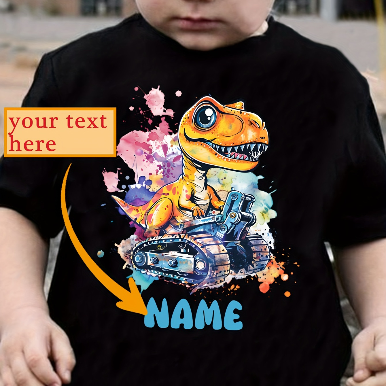

Boy's Customized T-shirt, Cartoon Dino Print With Personalized Name, Casual Comfy Short Sleeve Crew Neck Summer Top